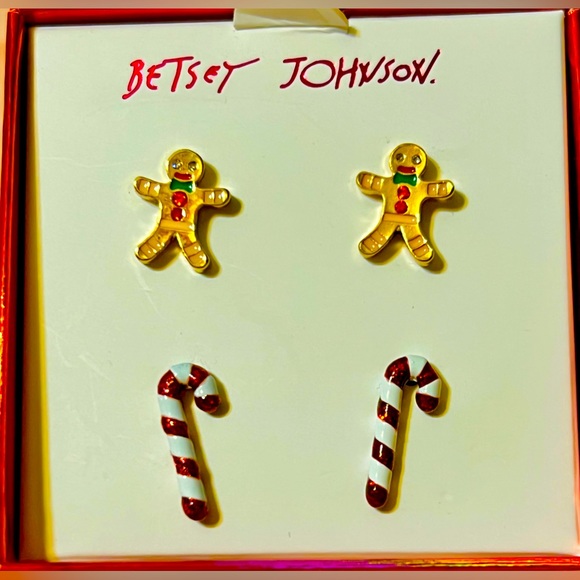Betsey Johnson Christmas Gingerbread Man and Candy Cane Stud Earrings. NWT NIB - Picture 2 of 4